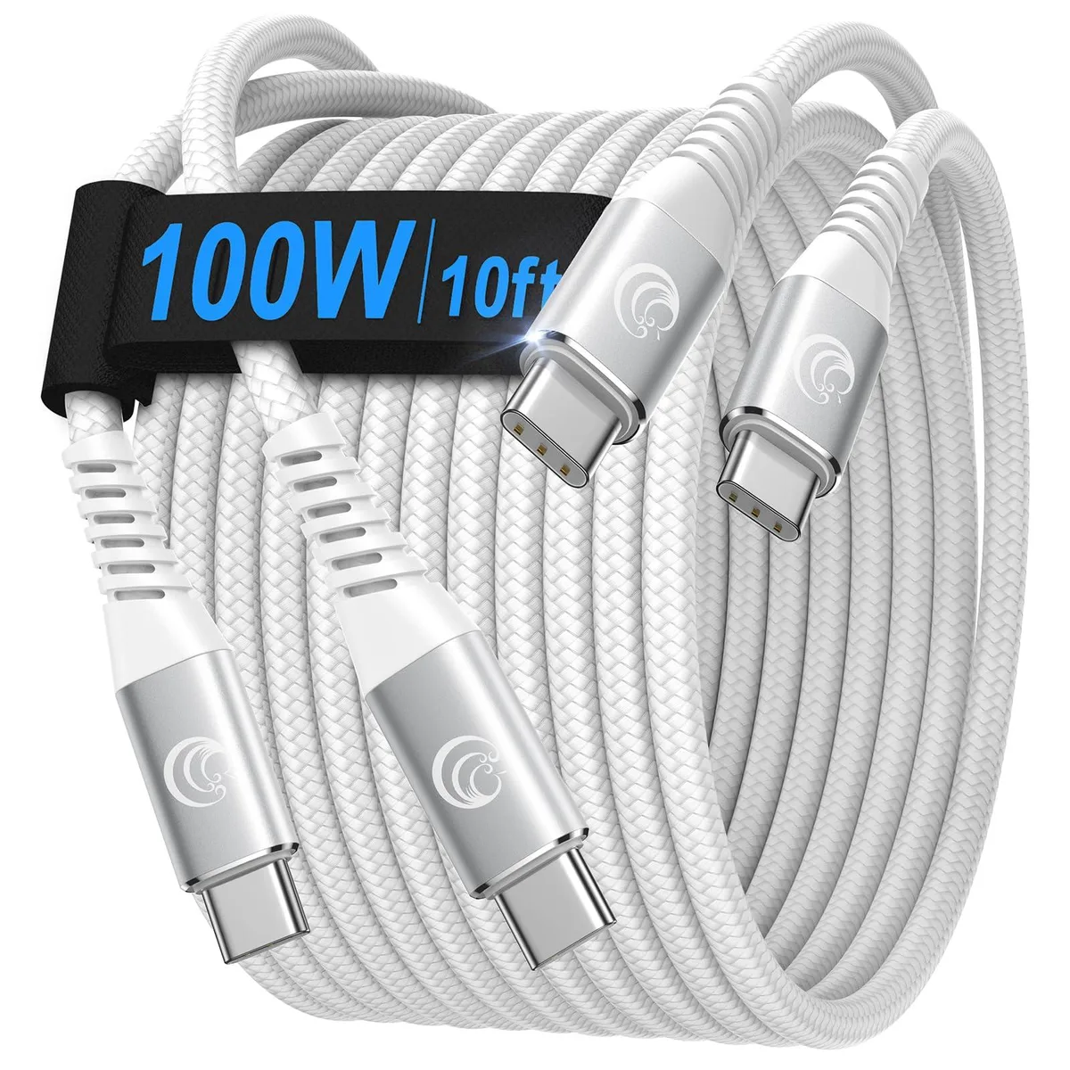  Aioneus USB-C to USB-C Cable 10ft 2-Pack 100W 5A 480Mbps White — product photo