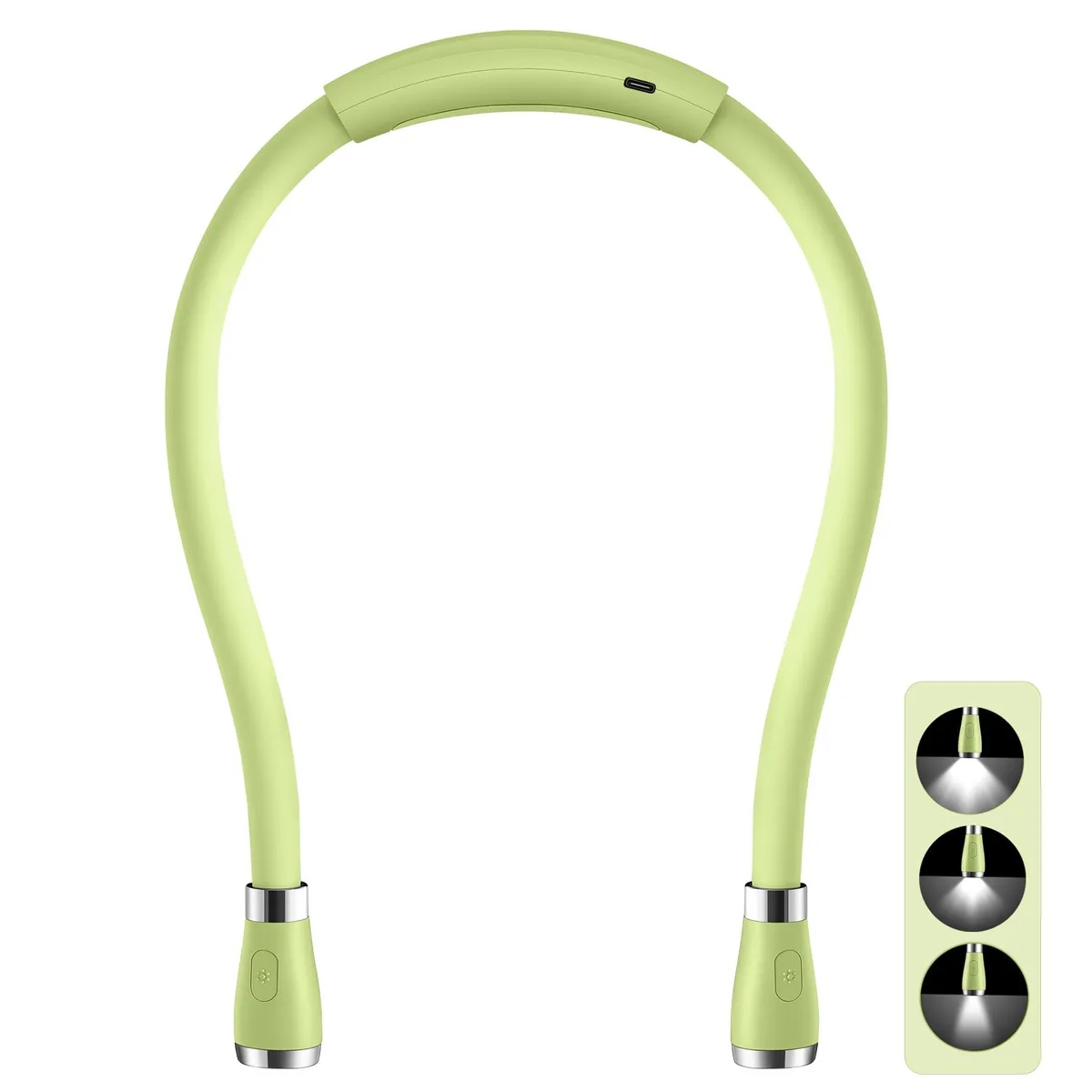 Green flexible silicone neck light with four LED modules and USB-C port