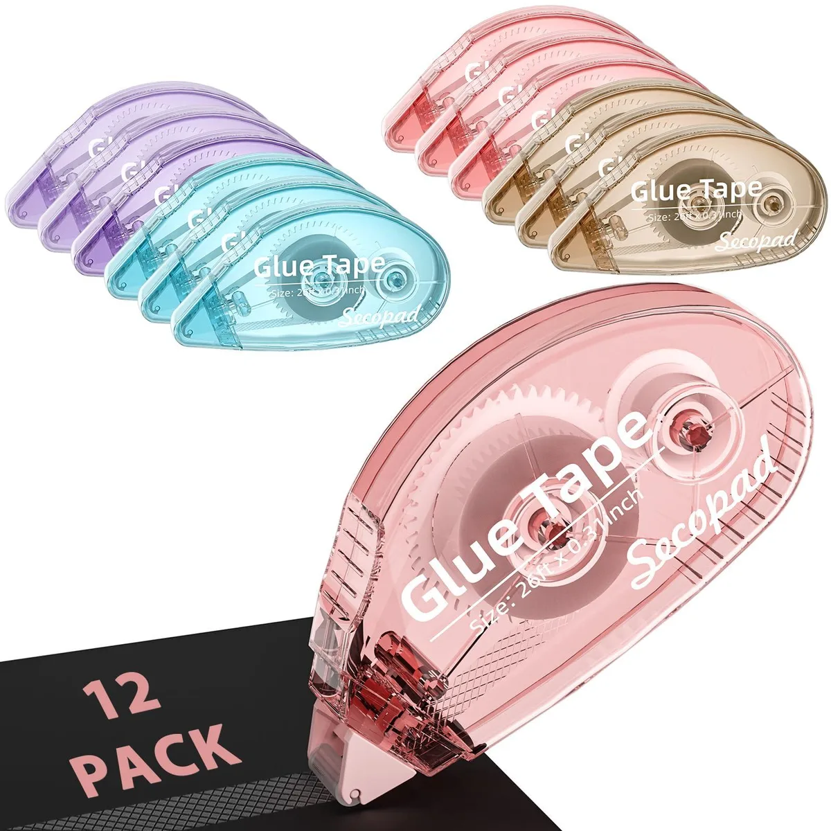 Twelve red double-sided tape rollers in light-coloured shells