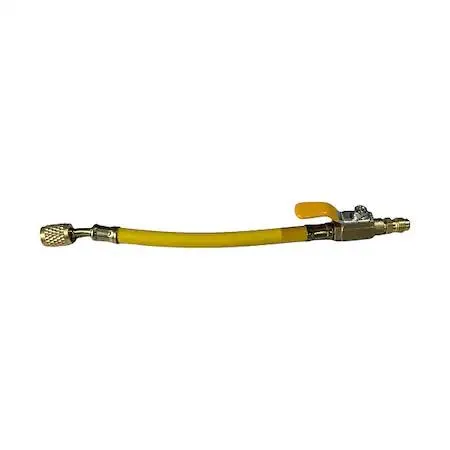 Yellow rubber hose with angled ball valve adapter six inches long