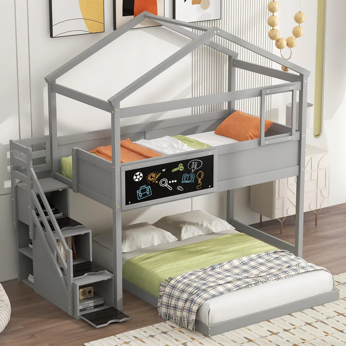 Gray pine twin-over-full house bunk bed with storage staircase and blackboard