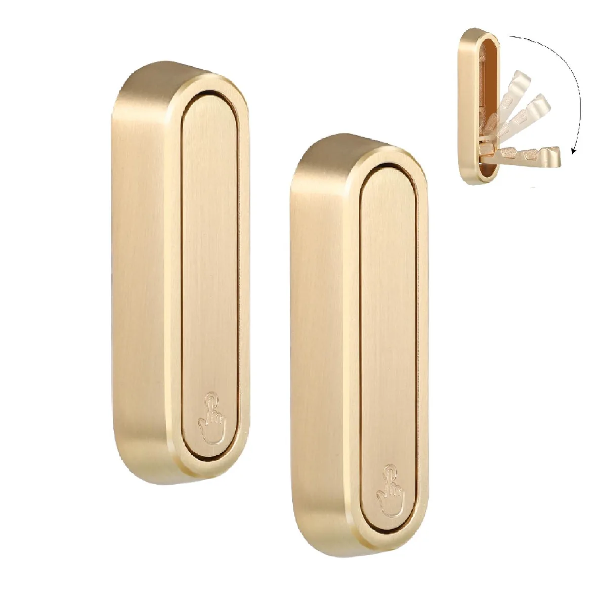 Two gold folding wall hooks folded flat against the wall