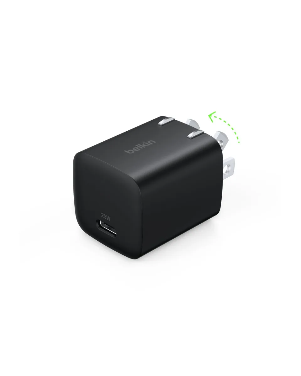 Compact black USB-C wall charger with foldable prongs