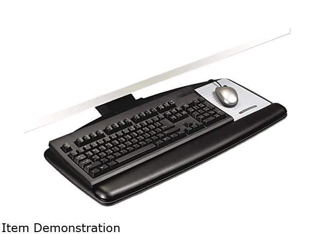 Black 3M keyboard tray on 23 inch track with platform and arm