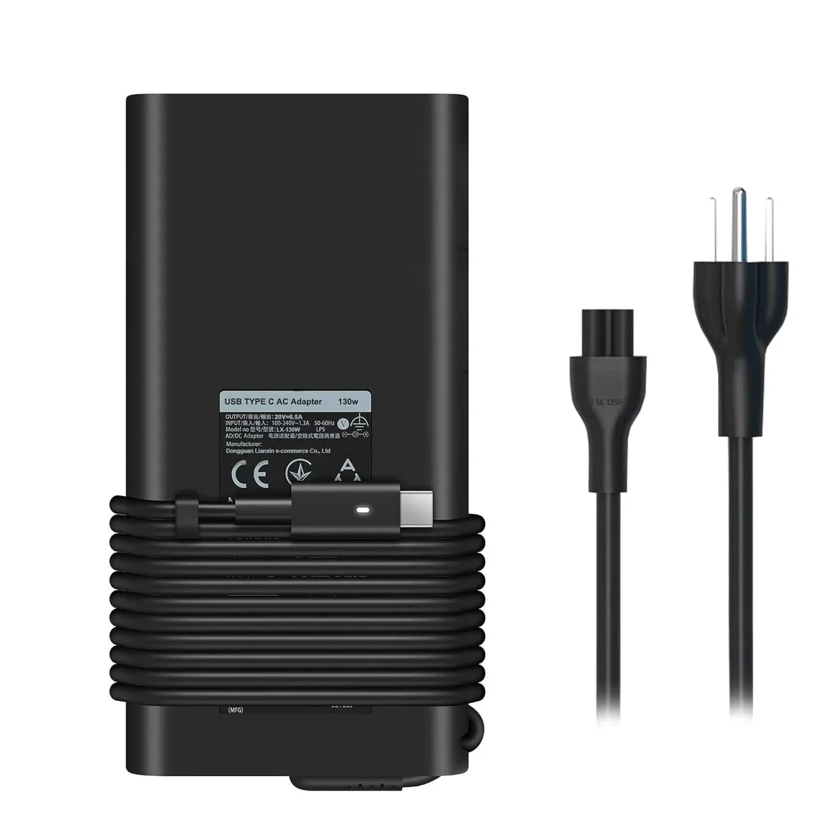 Compact black USB-C laptop charger with detachable cable
