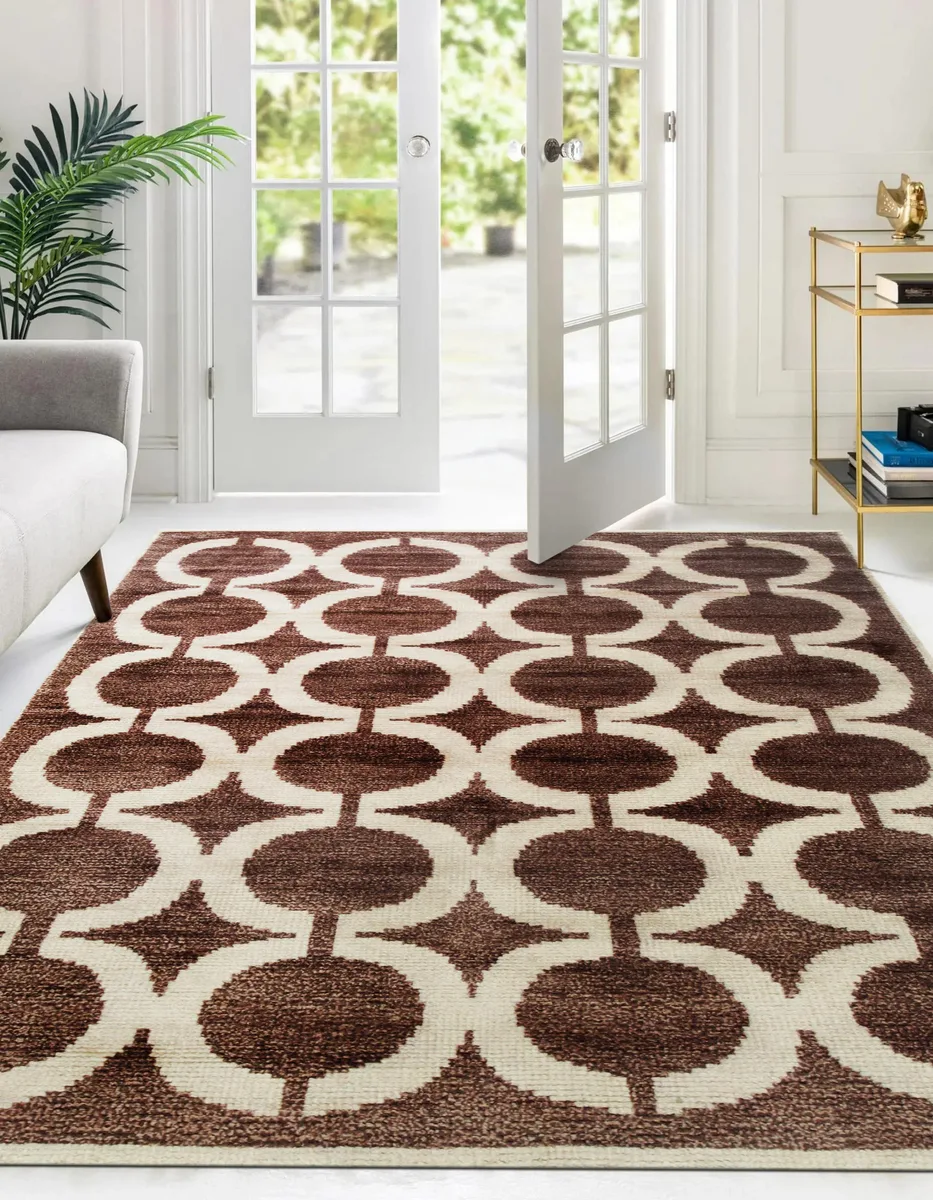 Hand-knotted wool and silk rug in brown geometric pattern
