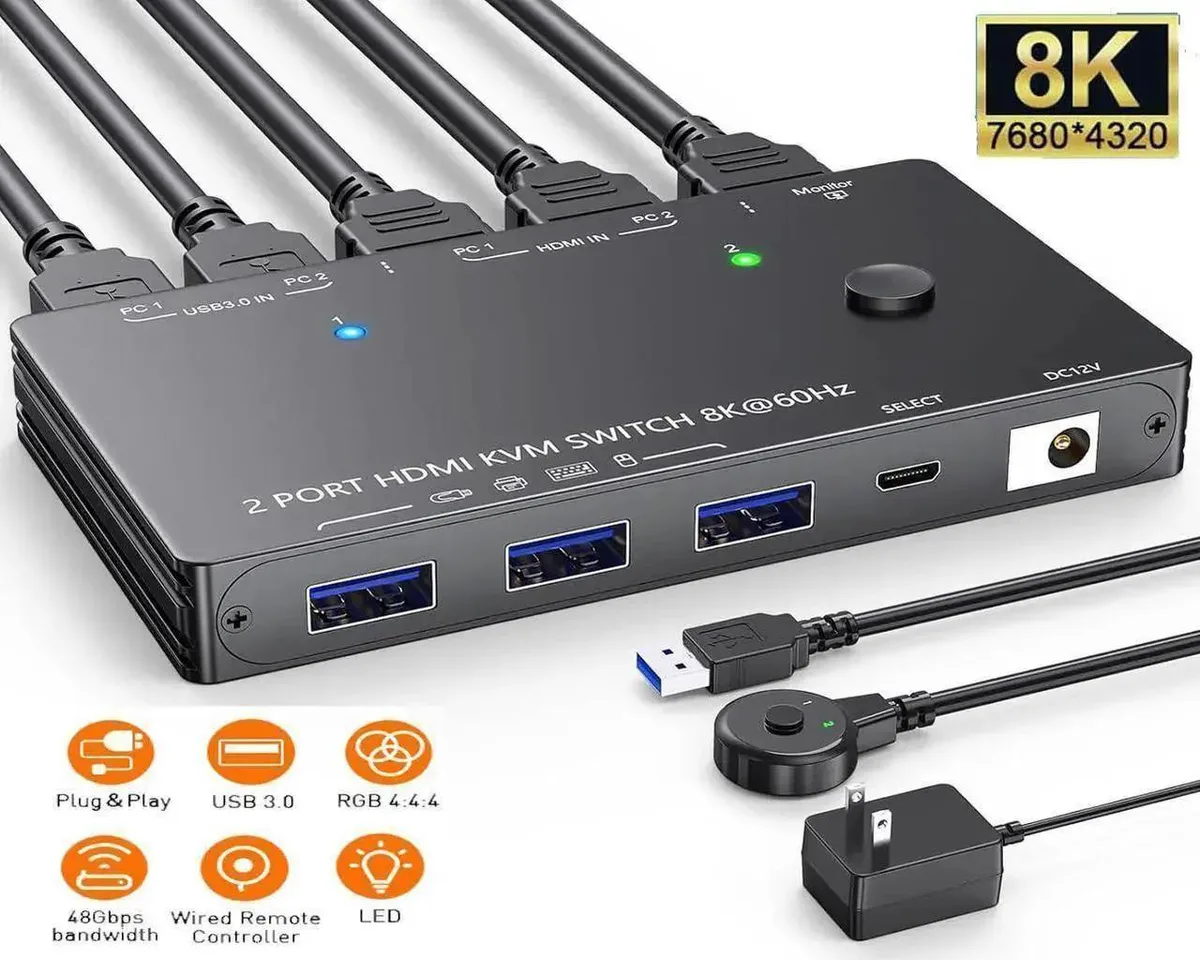 Vszerda Vszerda 2-Port HDMI 2.1 KVM Switch 8K@60Hz 4K@120Hz 3 USB 3.0 Wired Remote — product photo