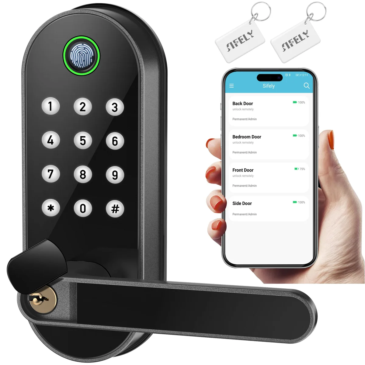 Black smart door lock with handle keypad and fingerprint reader