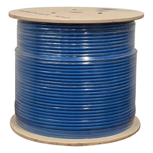 Blue shielded Cat6 plenum cable on a 1000ft reel