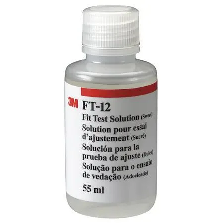 Small transparent 55 mL bottle of saccharin fit testing solution