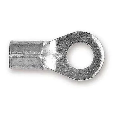 Bare copper ring terminal with tin finish, half-inch stud hole, 6 AWG crimp barrel
