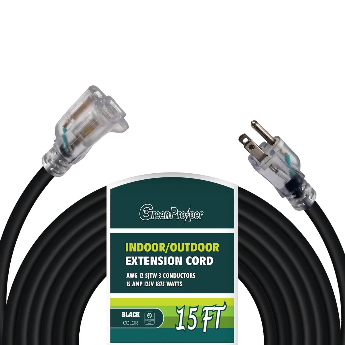  GreenProsper 15 FT 12 AWG Power Extension Cord with Lighted End — product photo