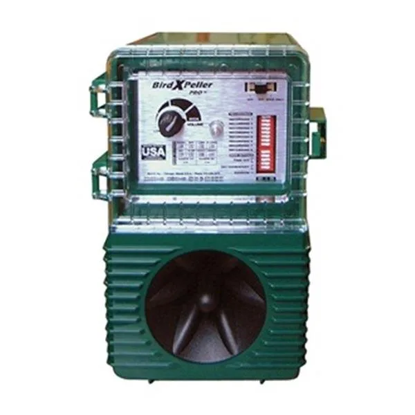 Transparent plastic weatherproof bird repeller unit, wall-mountable, with attached power cord