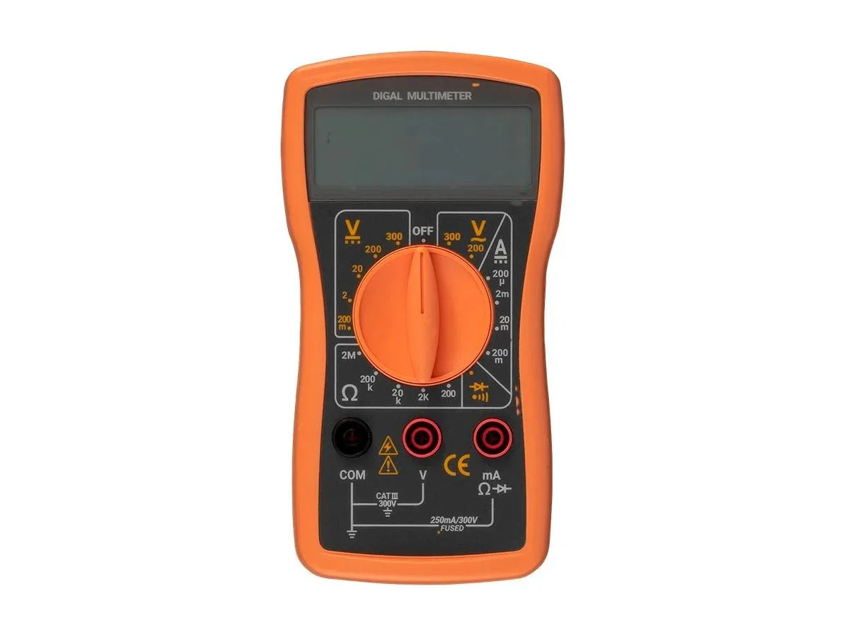 Yellow handheld digital multimeter model 139385 with LCD display and rotary selector dial