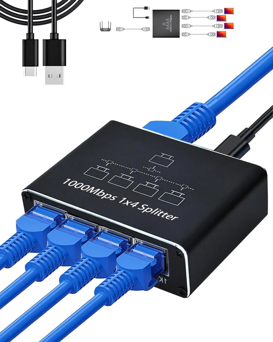 Small black box with one Ethernet port on one side and four on the other, plus a USB power lead