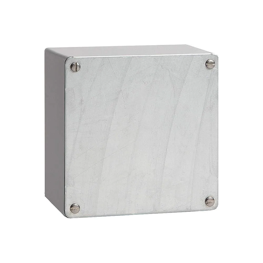 Rectangular galvanised steel electrical enclosure with screw-on cover and captive screws