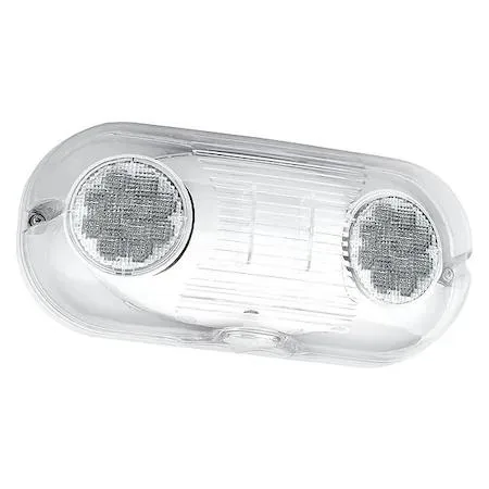 White rectangular plastic emergency light with two shielded LED heads