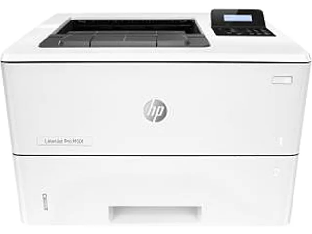 White rectangular laser printer with front paper tray and control panel