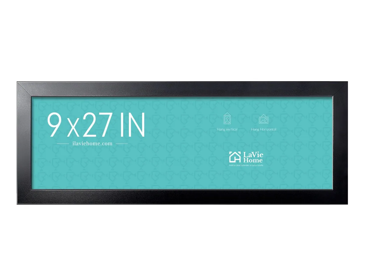 Black wooden panoramic poster frame, 27 by 9 inches, minimalist style with plexiglass front