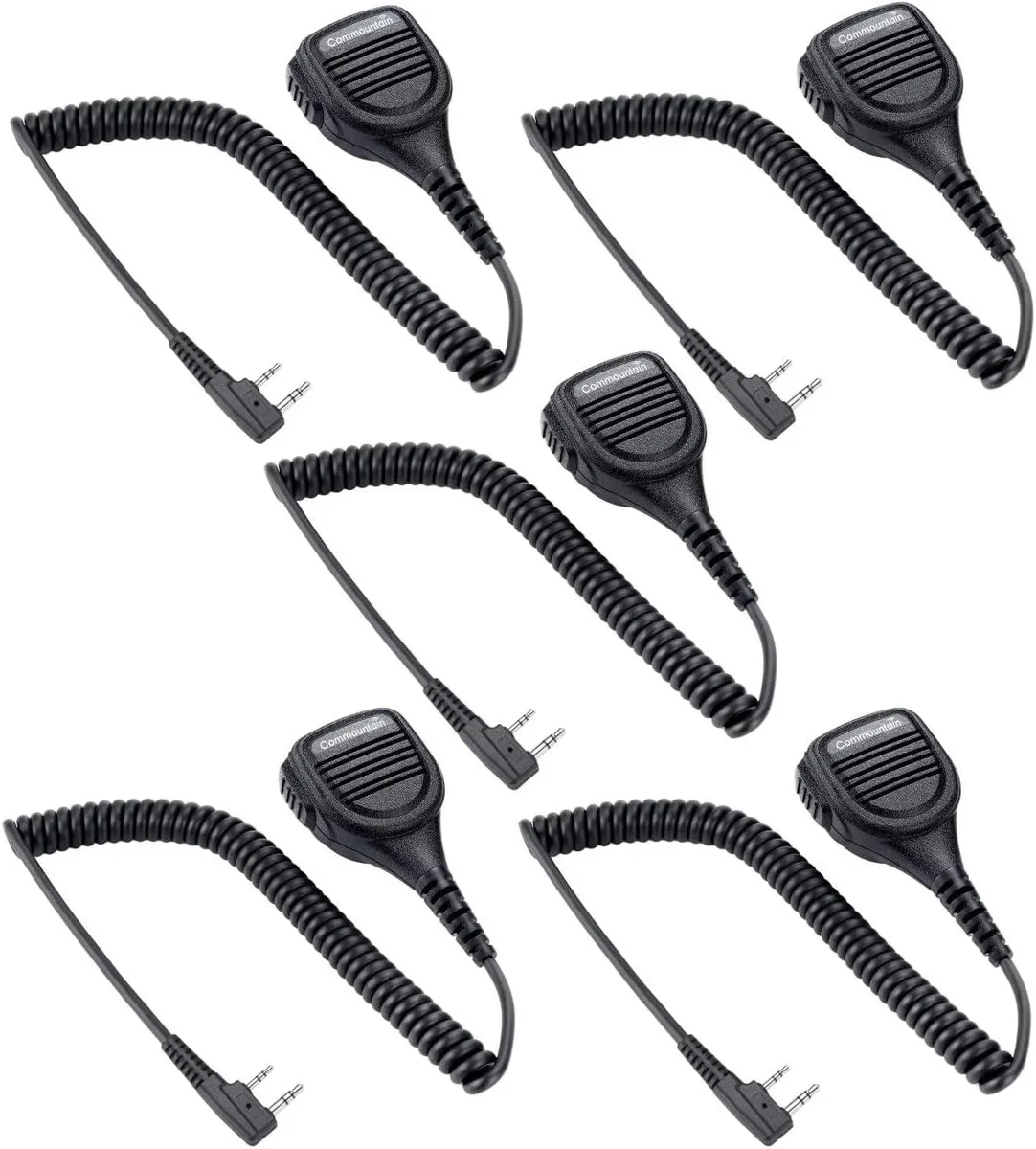 Five black speaker microphones with coiled cables and rotating clips