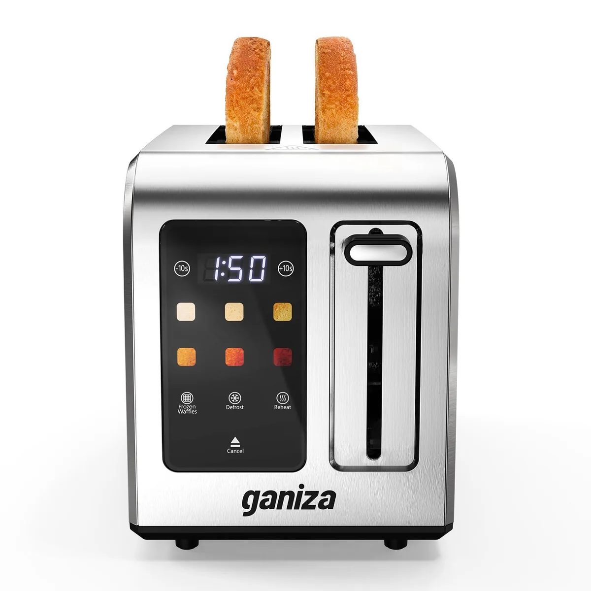 Purple two-slice toaster with touchscreen and stainless steel slots