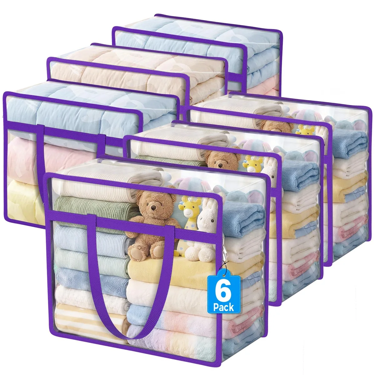 Six clear zippered storage bags with handles, 40L capacity