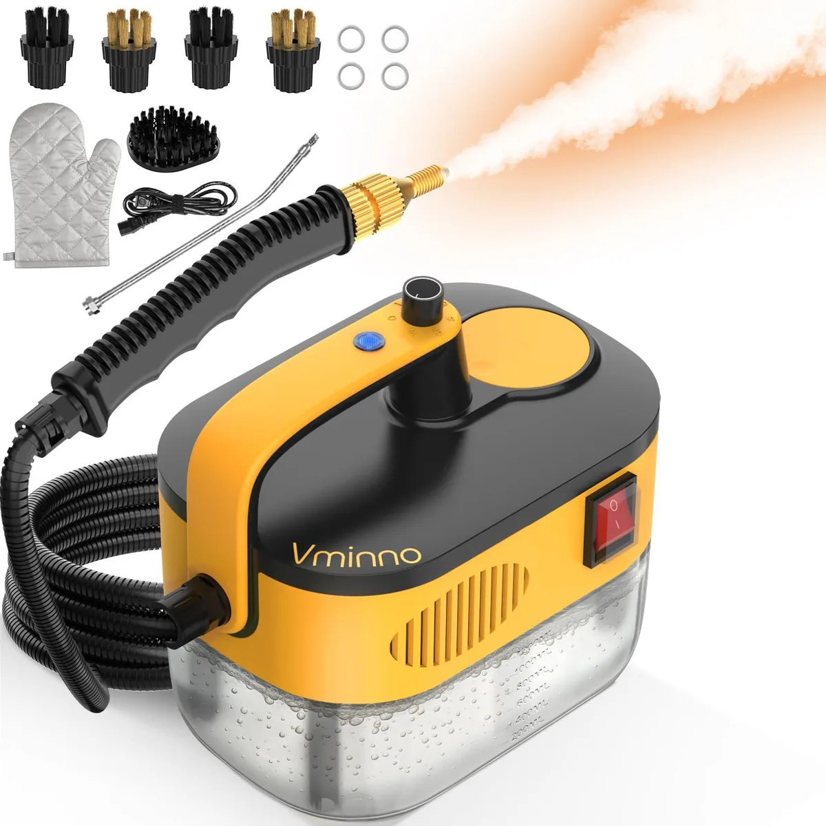 White handheld steam cleaner with transparent 1.2L water tank and accessory kit