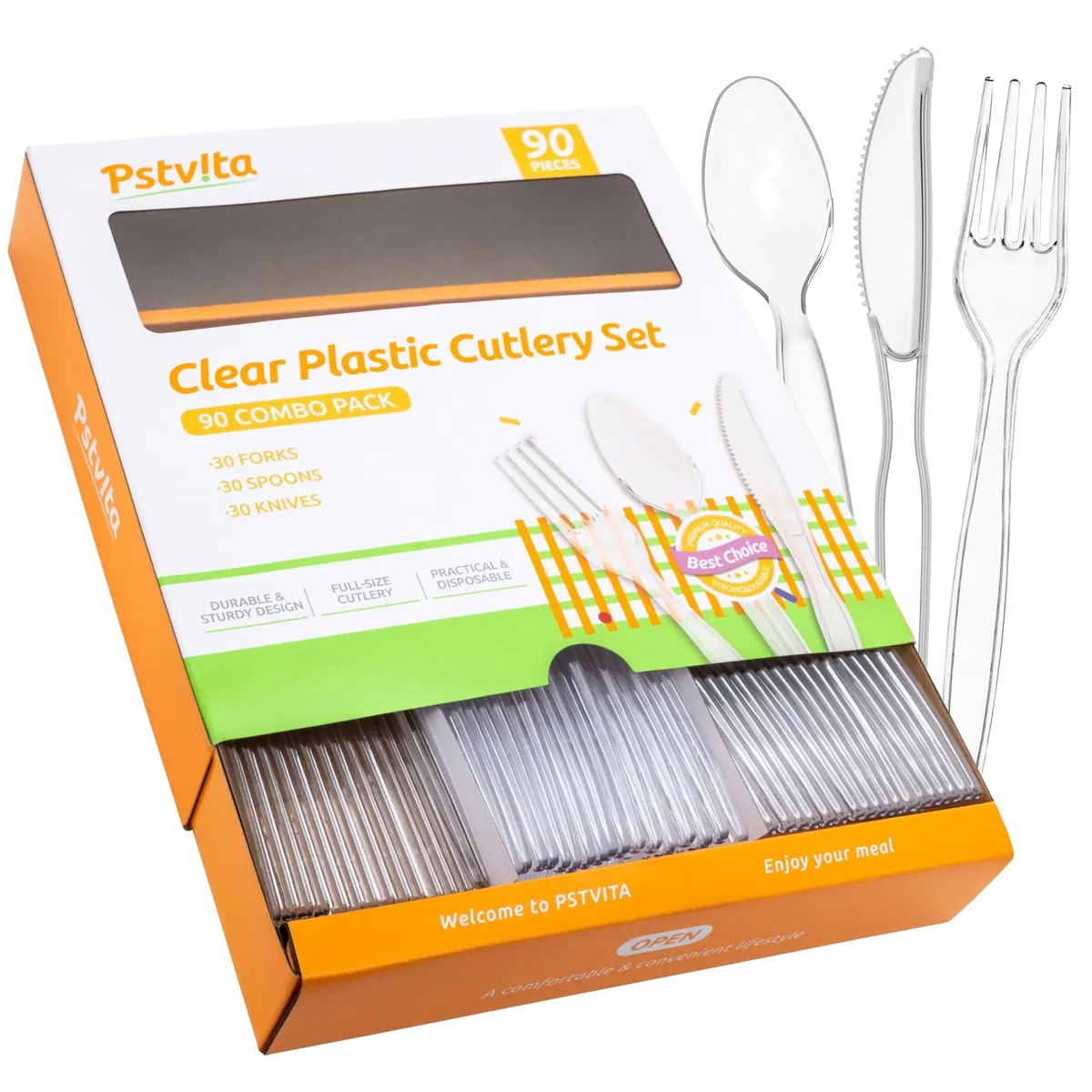 PSTVITA 620 Cutlery Set 90 pc Clear 30 Forks 30 Spoons 30 Knives — product photo