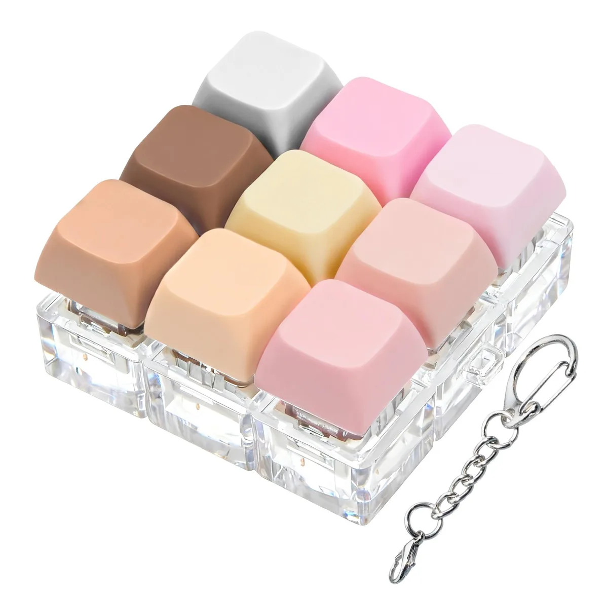 Small square plastic fidget keypad with nine coloured keys and a keychain loop