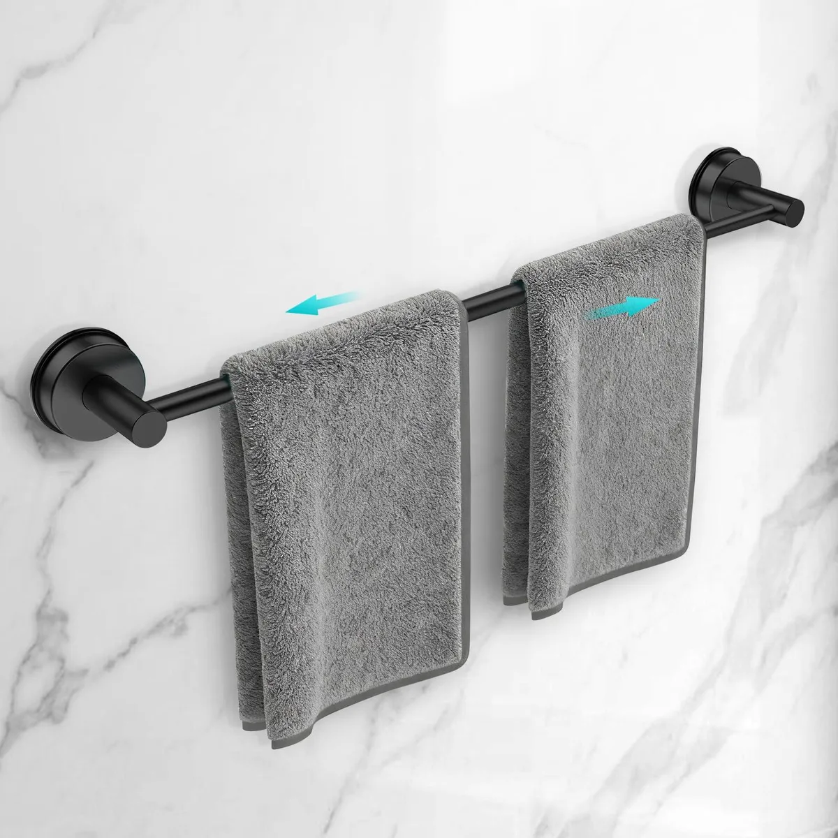 Matte black adjustable towel bar, 14.6 to 24 inches, stainless steel with suction cups