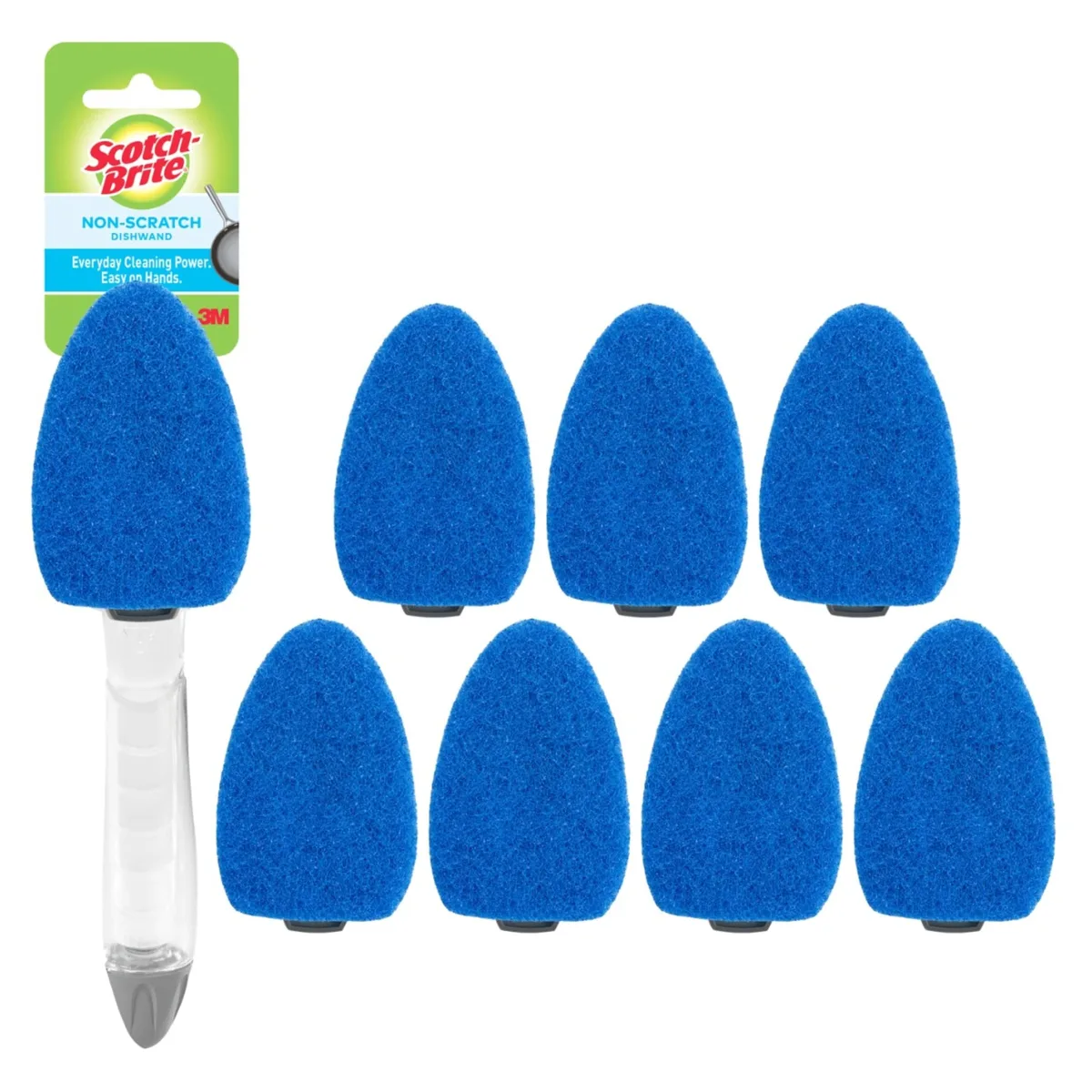 Blue plastic soap-dispensing wand with scraper, seven refill pads, stands upright
