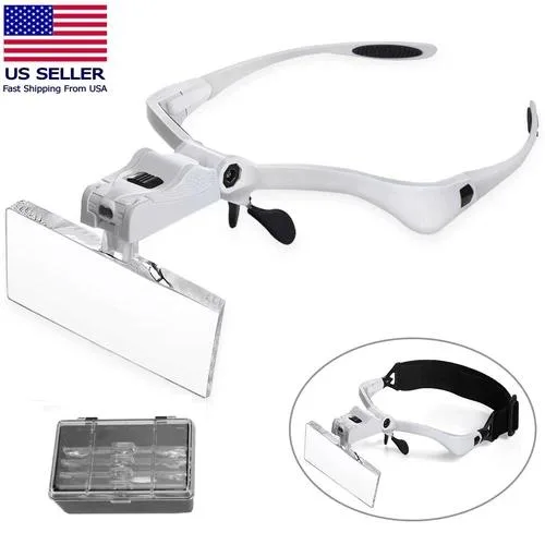 Headband magnifier with five acrylic lenses and twin LED lights