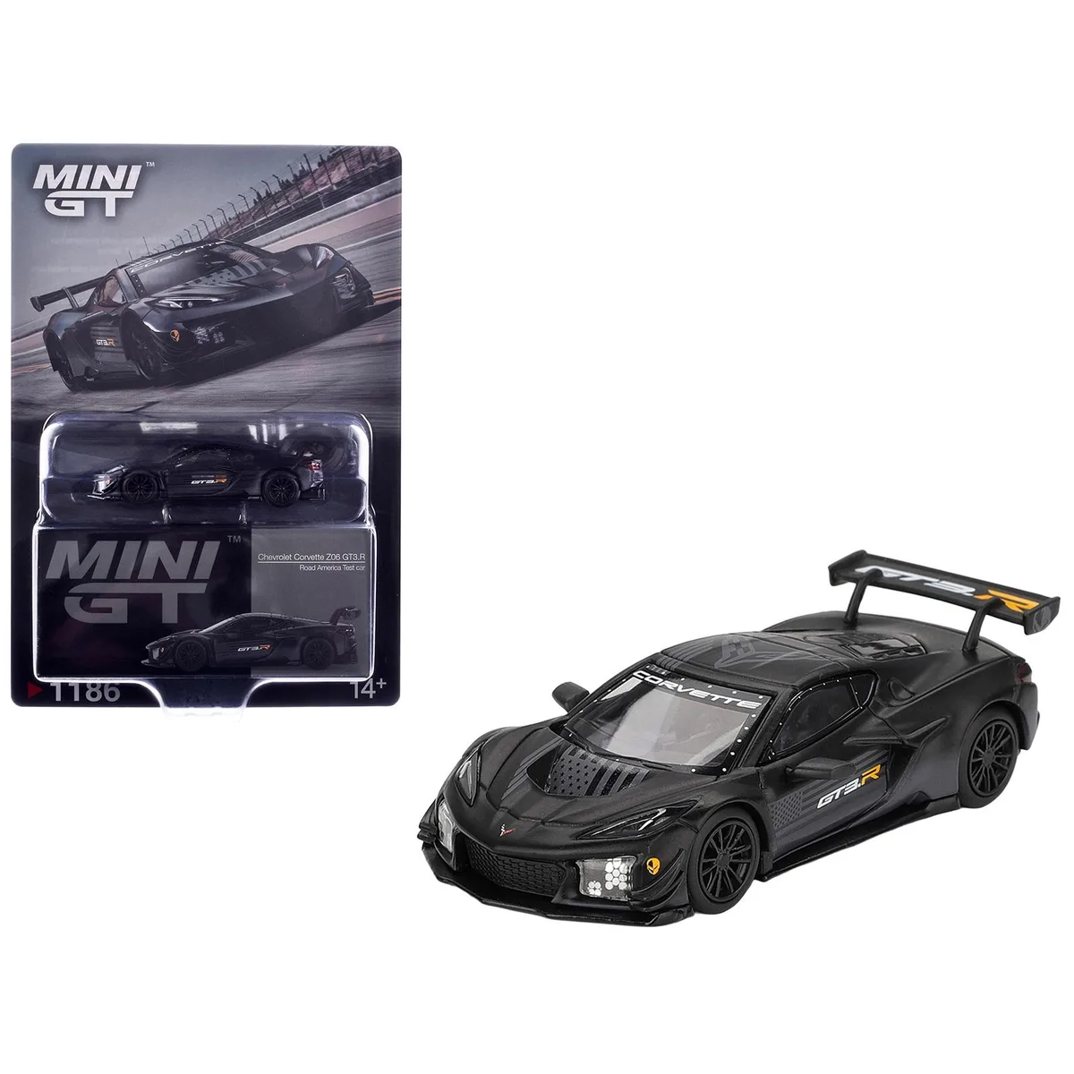 Mini GT Mini GT Chevrolet Corvette Z06 GT3.R Road America Test Car Black Graphics Limited Edition 1/64 Diecast — product photo