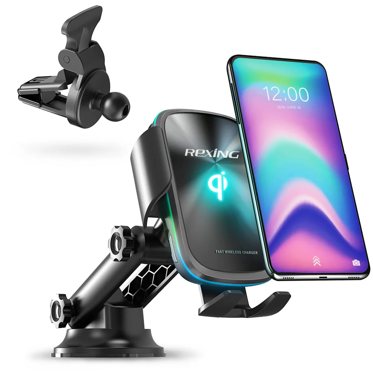 Rexing Rexing Motorized Wireless Qi Charging Car Mount 15W/7.5W Auto Clamping Windshield Vent Black — product photo