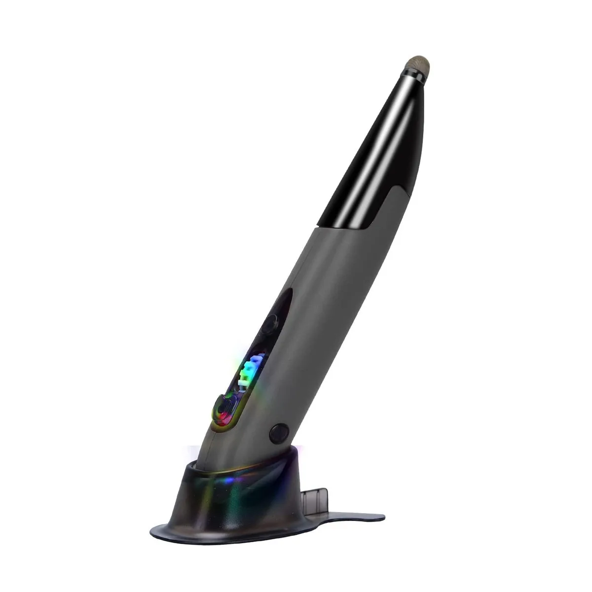 Grey pen-shaped wireless mouse with USB receiver and storage bag