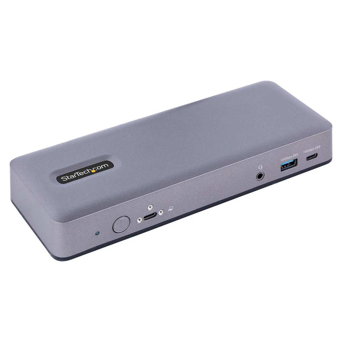 Gray rectangular docking station with front ports and locking USB-C cable