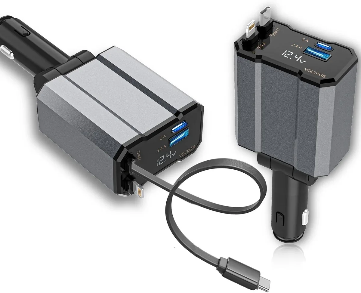 Hamzan Hamzan Retractable Car Charger 4 in 1 USB C Lightning Type-C USB-A — product photo