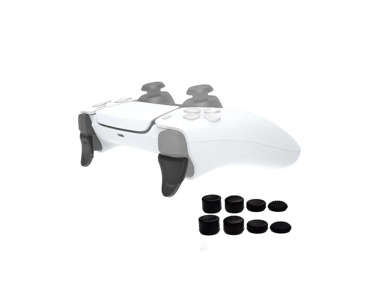 Black trigger extenders and eight textured thumb grips for PS5 DualSense controller
