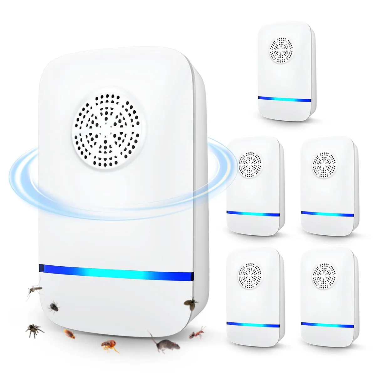 Six white plug-in ultrasonic pest repellers arranged together