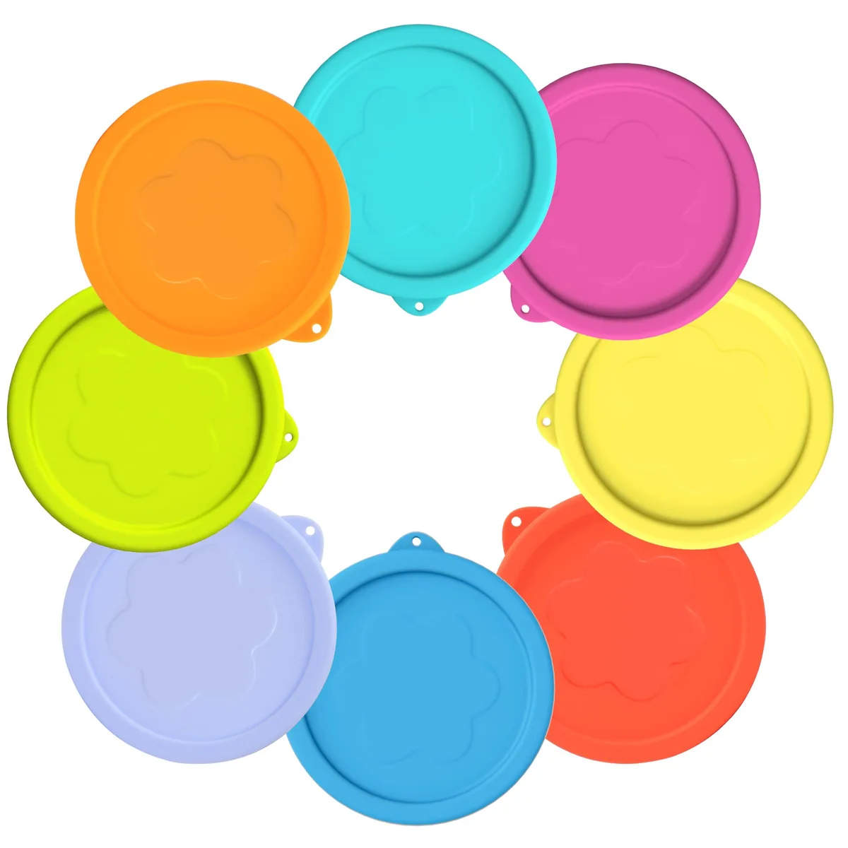 Eight colourful round silicone lids stacked together