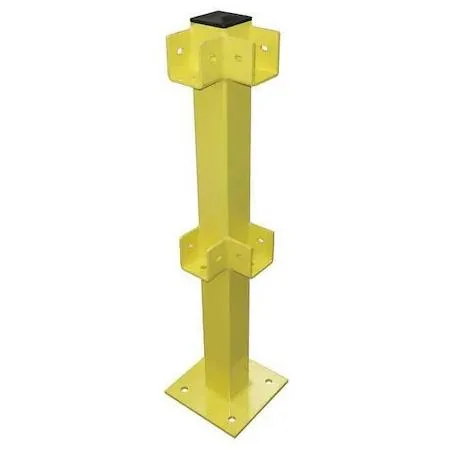 Yellow powder-coated steel corner post, 45 in tall, 4x4 in profile, 11x11 in base plate, four 7/8 in holes, rubber caps included