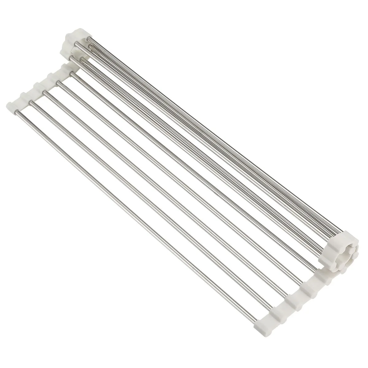 White roll-up dish drying rack with stainless steel rods and silicone-coated crossbars, 17.6 by 9.3 inches