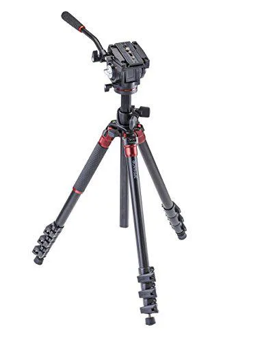Aluminium tripod with pivoting centre column and fluid video head, three-section legs with angle locks