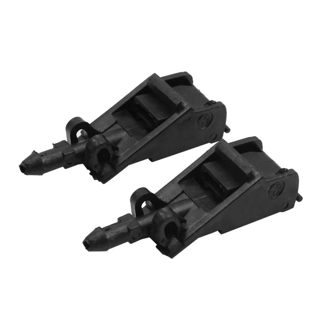 Two black plastic windshield washer nozzles side by side
