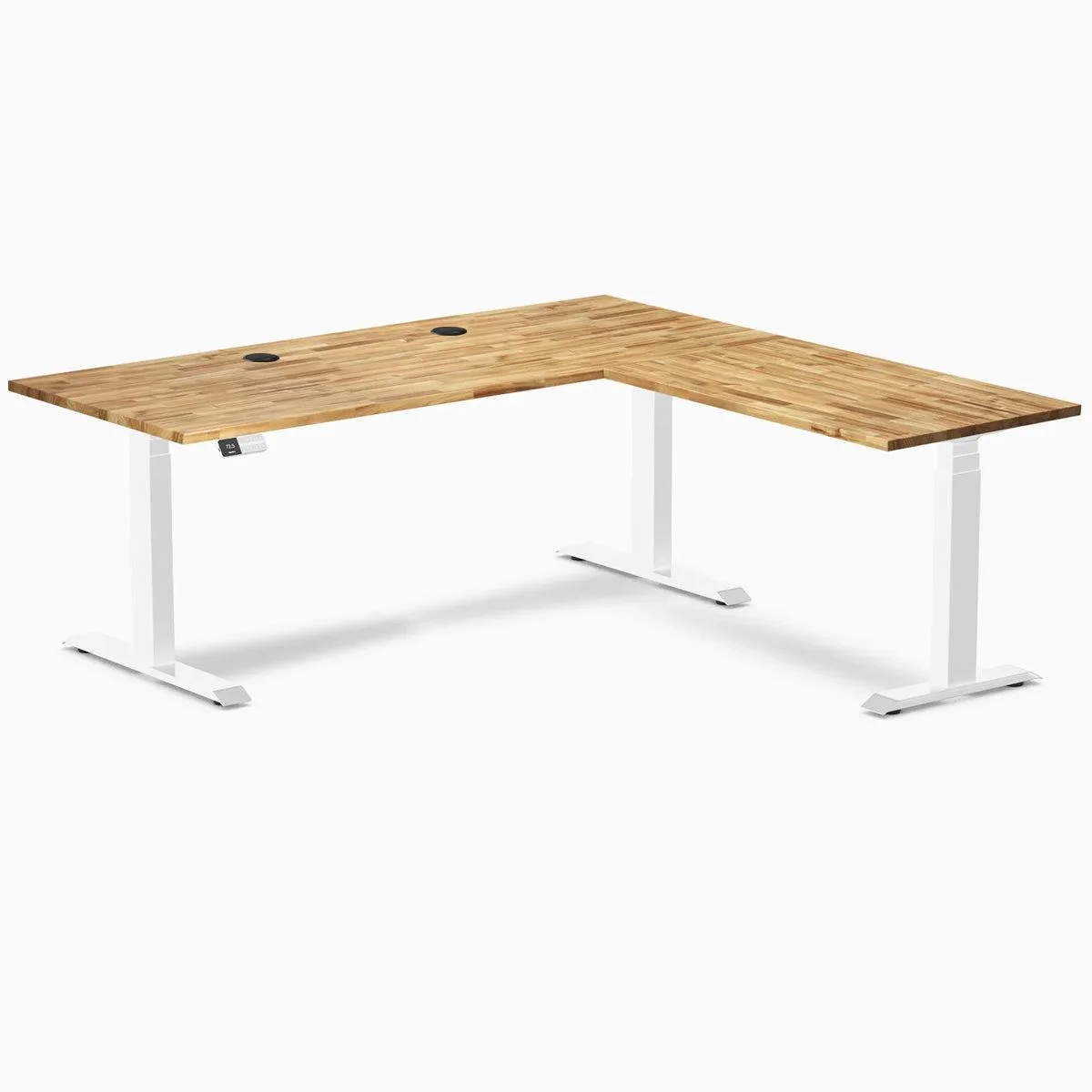 Desky Desky Hardwood L-Shape Sit Stand Desk Acacia 72 x 30 x 70 x 24 in White office furniture — product photo