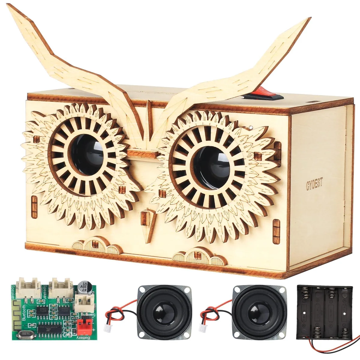 Wooden owl-shaped Bluetooth speaker kit, 5.51 by 3.15 by 4.33 inches, 0.3 pounds