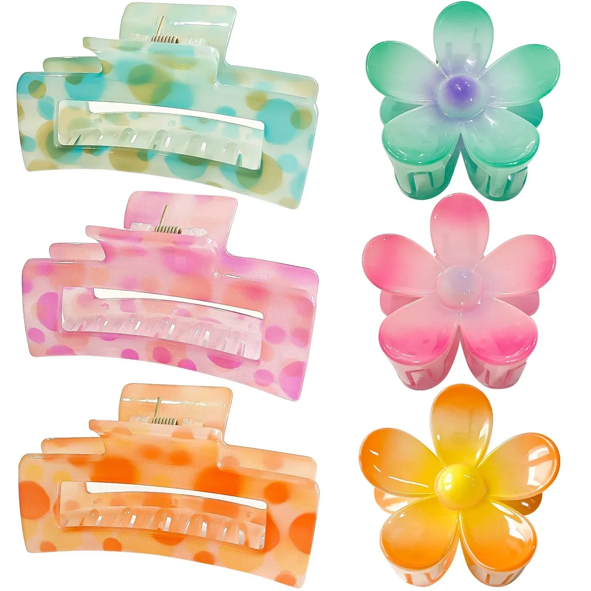 Gift box containing twelve assorted hair clips and claws in floral, pearl and square designs, glossy acrylic finish