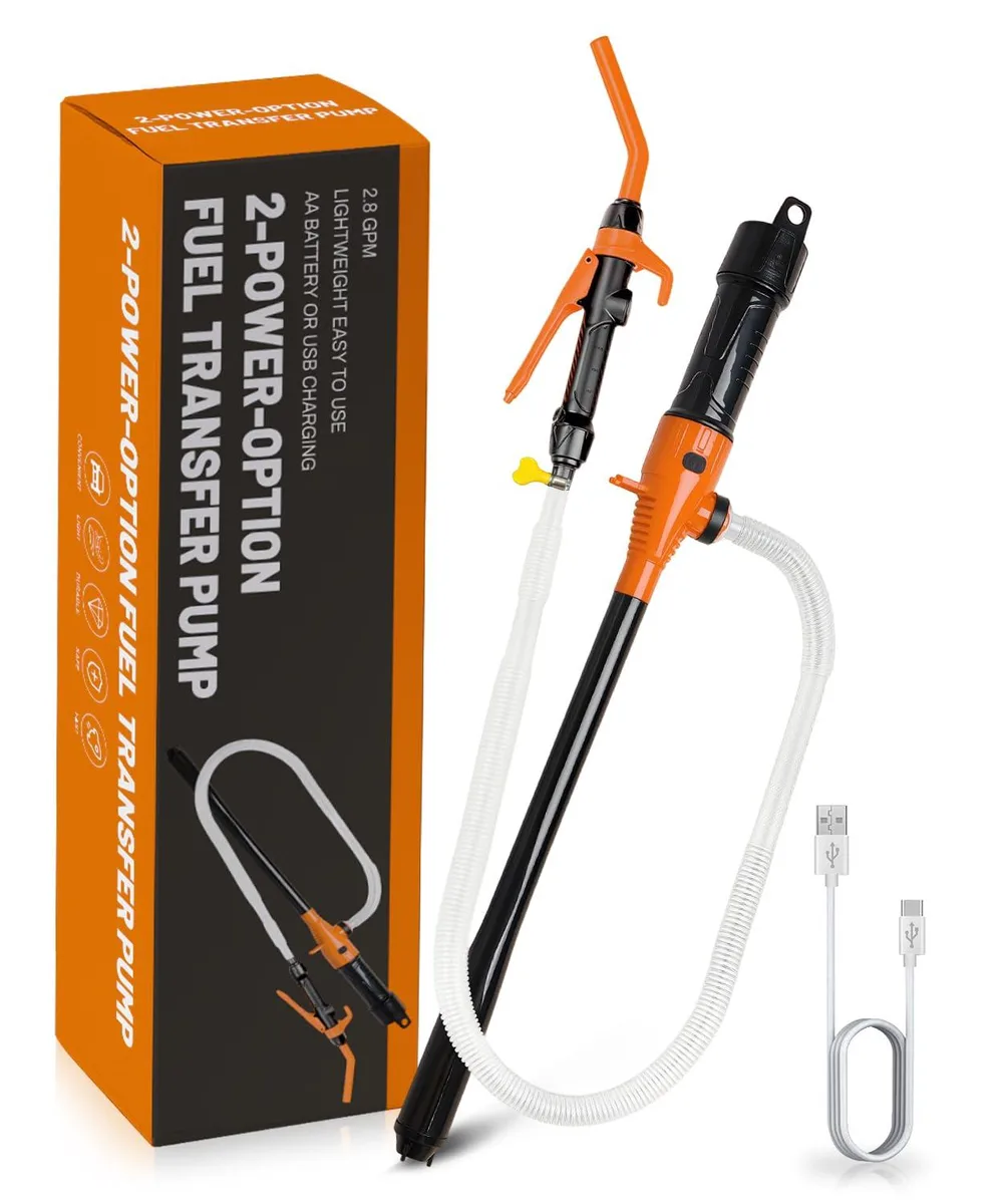 Orange stick fuel transfer pump with 36-inch hose and manual nozzle