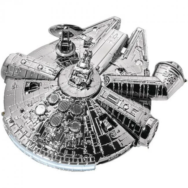 Beast Kingdom Millennium Falcon floating on magnetic base with LED lights