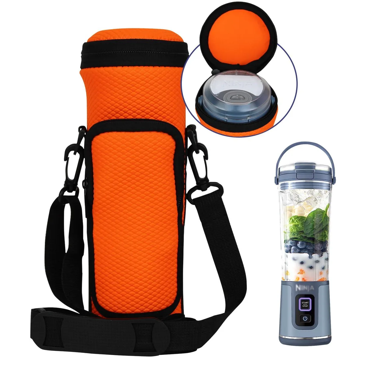 Orange neoprene carrying case with zippered lid, adjustable crossbody strap and front pocket, shown empty